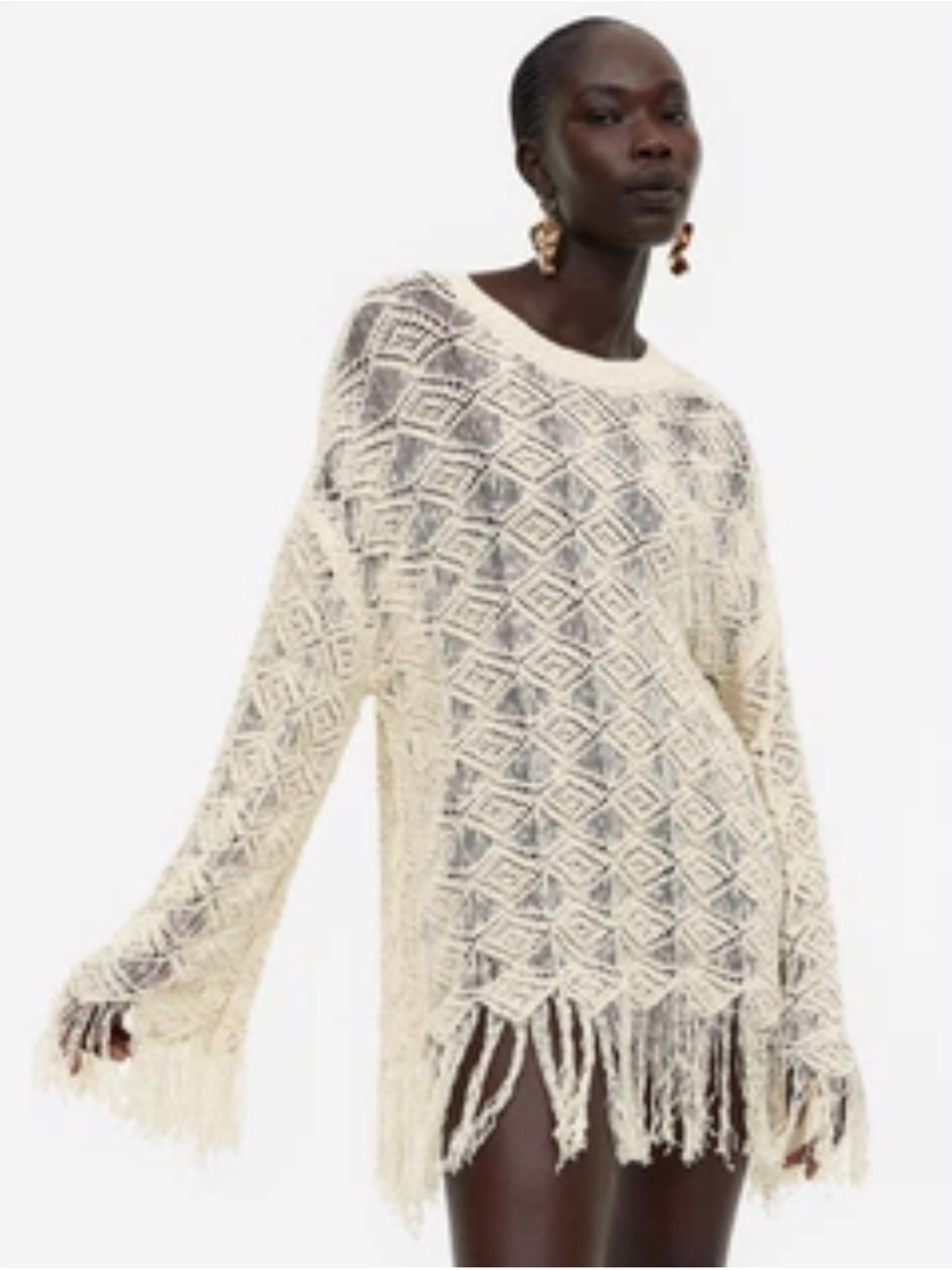 🩷 Handmade Cream Crochet Fringe Pullover Sweater